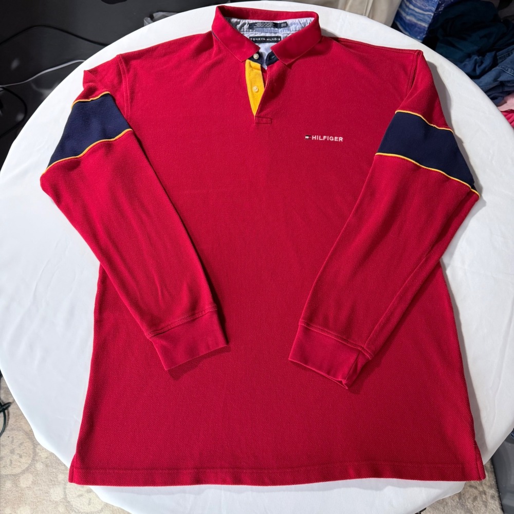 Tommy Hilfiger Vintage Y2K Red Long Sleeve Rugby Polo Shirt XXL Big Flag Back